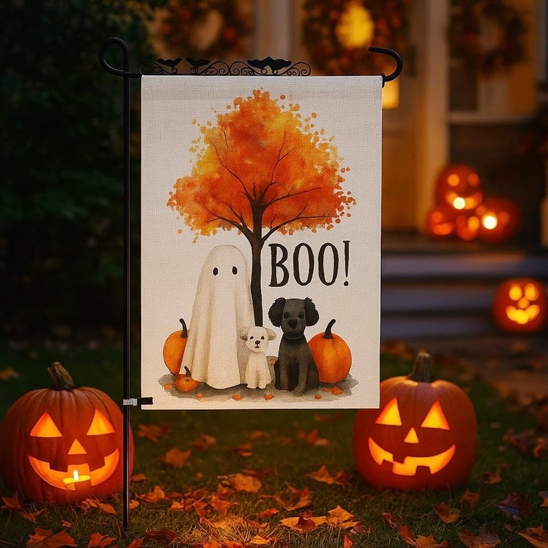 KarvePro Happy Halloween Garden Flag – Ghost with Dogs and Pumpkins Design, 12x18 Double Sided Burlap Yard Flag for Fall Outdoor Decoration, Weatherproof - Image 2